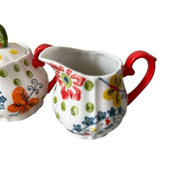 Pier 1 Imports Creamer Sugar Set Hand Painted White Red Floral - Picture 6 of 12